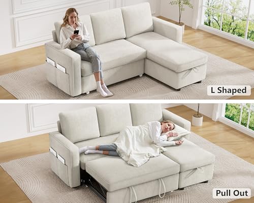 81" Sleeper Sofa Bed with Pull Out Bed, L Shaped Couch Sectional Sleeper Sofa, Pull Out Couch with Reversible Storage Chaise, Side Pockets