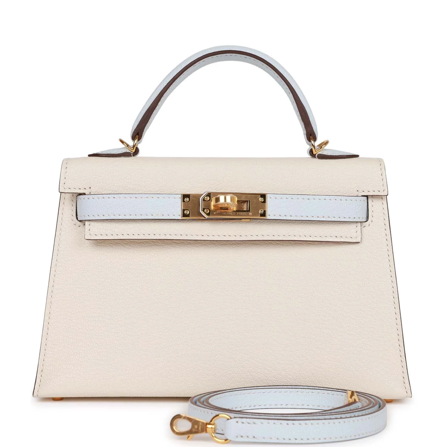 Herm&egrave;s Special Order (HSS) Kelly 20 Nata and Bleu Brume Chevre Gold Hardware