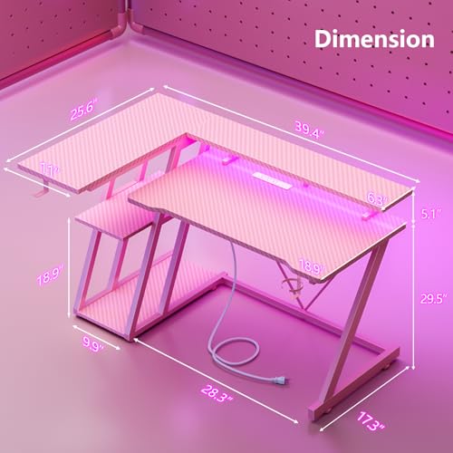 55 Inch Gaming Desk with Power Outlet & LED Lights, L Shaped Gamer Computer Table with Storage Shelves for Bedroom, Corner Home Office Desk