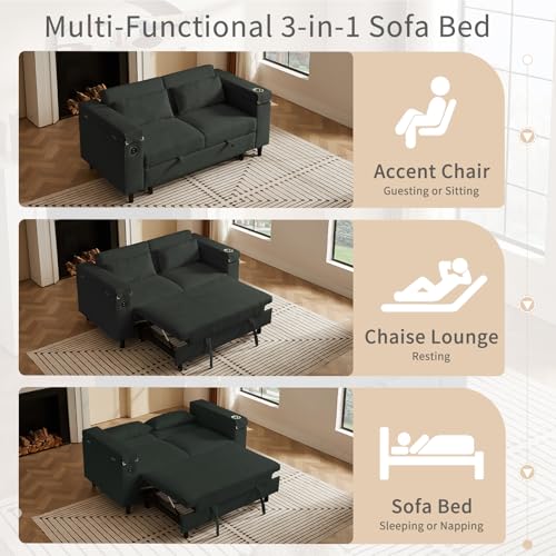 68.11" Corduroy Sleeper Chair Bed with USB Port, Cup Holders & Side Storage Pockets – 3-in-1 Foldable Sofa Bed for Guest Room, Living Room – White