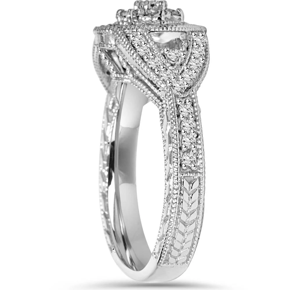 Pompeii3 Diamond Engagement Ring 3/4 Carat Unique Vintage Cushion Halo 3-Stone White Gold