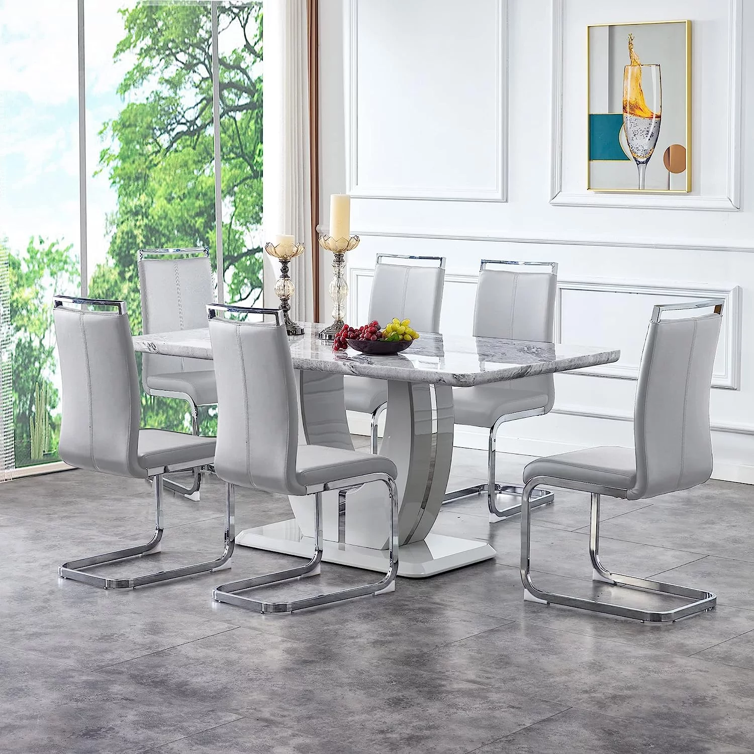 Sumdeal 63" Morden Faux Marble Dining Room Table Set, Dining Table Set for 6