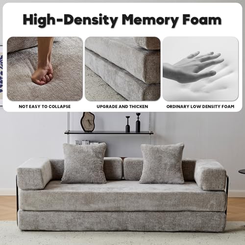 Convertible Sleeper Sofa Bed with Cylindrical Pillow, Corduroy Folding Mattress Couch with Fixed-Shape Frame