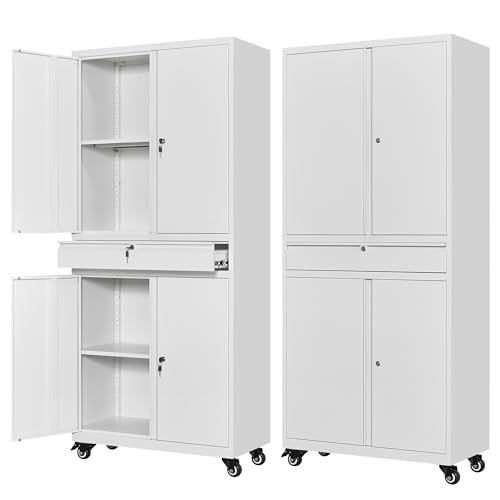 Letaya Metal Garage Storage Cabinet with Drawer,4 Door Tool Cabinet with Lock-2 Adjustable Shelves for Garage Home Office Utility Room (Black)