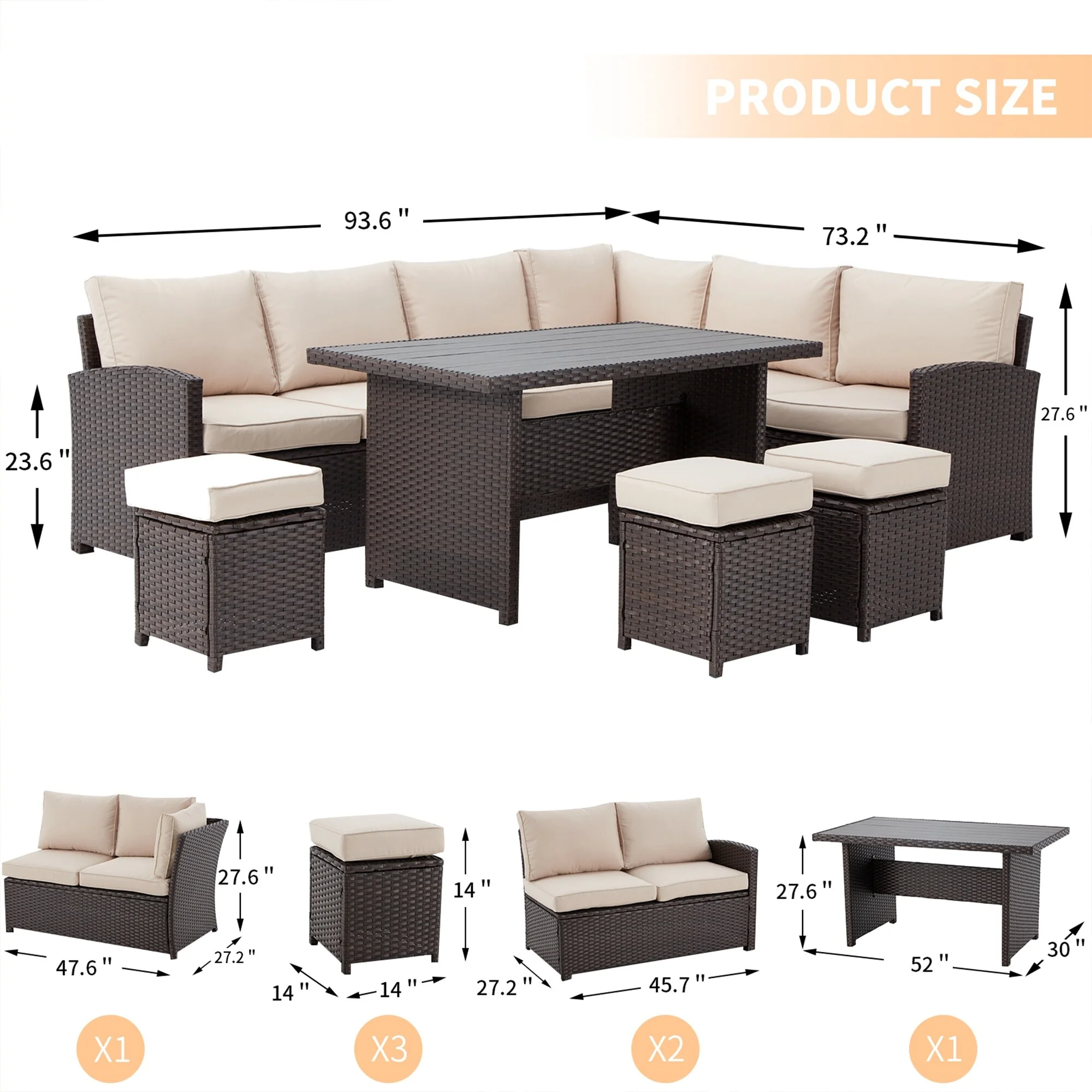 AECOJOY Outdoor 7-piece Wicker Dining Set Patio Sofa Furniture Beige - Curated Treasures Market