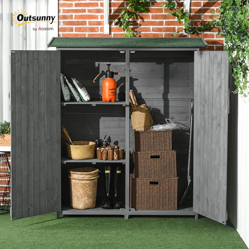 Outsunny Outdoor Storage Cabinet with Waterproof Asphalt Rood, Lockable Doors, 3 Tier Shelves, Wooden Garden Shed Utility Tool Organizer for Lawn