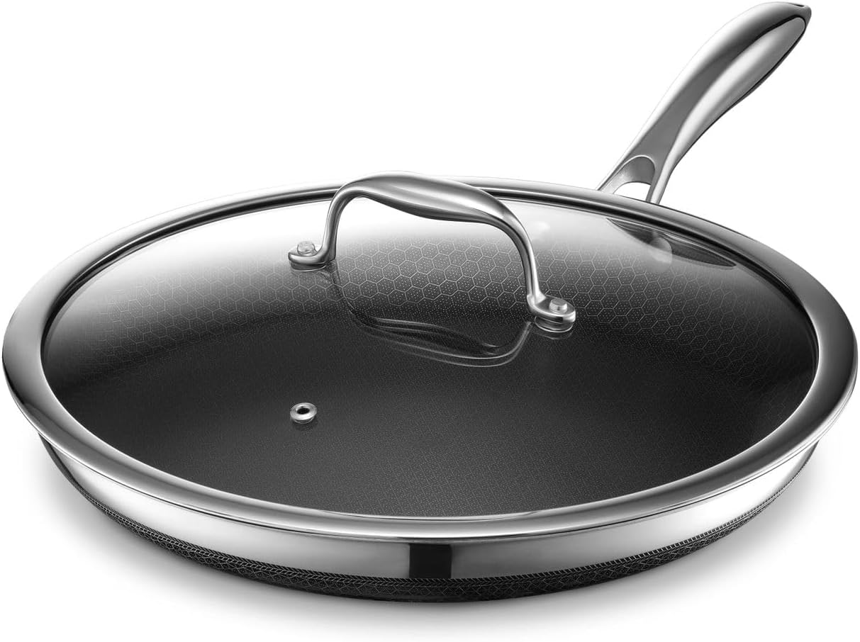 HexClad 4 Piece Hybrid Stainless Steel Cookware Set - 8 Inch Frying Pan with Lid and 12 Inch Frying Pan with Lid, Stay Cool Handle