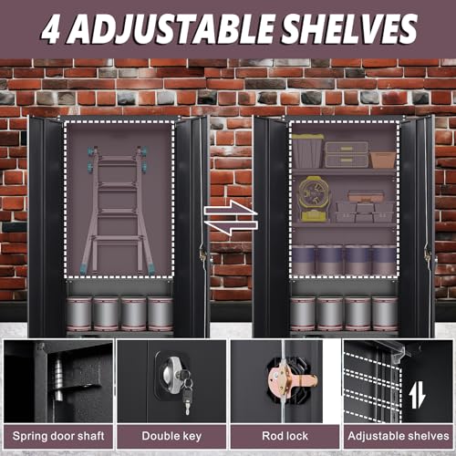 GREATMEET Metal Storage Cabinet with Locking Door and 4 Adjustable Shelves,70.8" H Lockable Steel Storage Cabinet for Home,Office,School Black