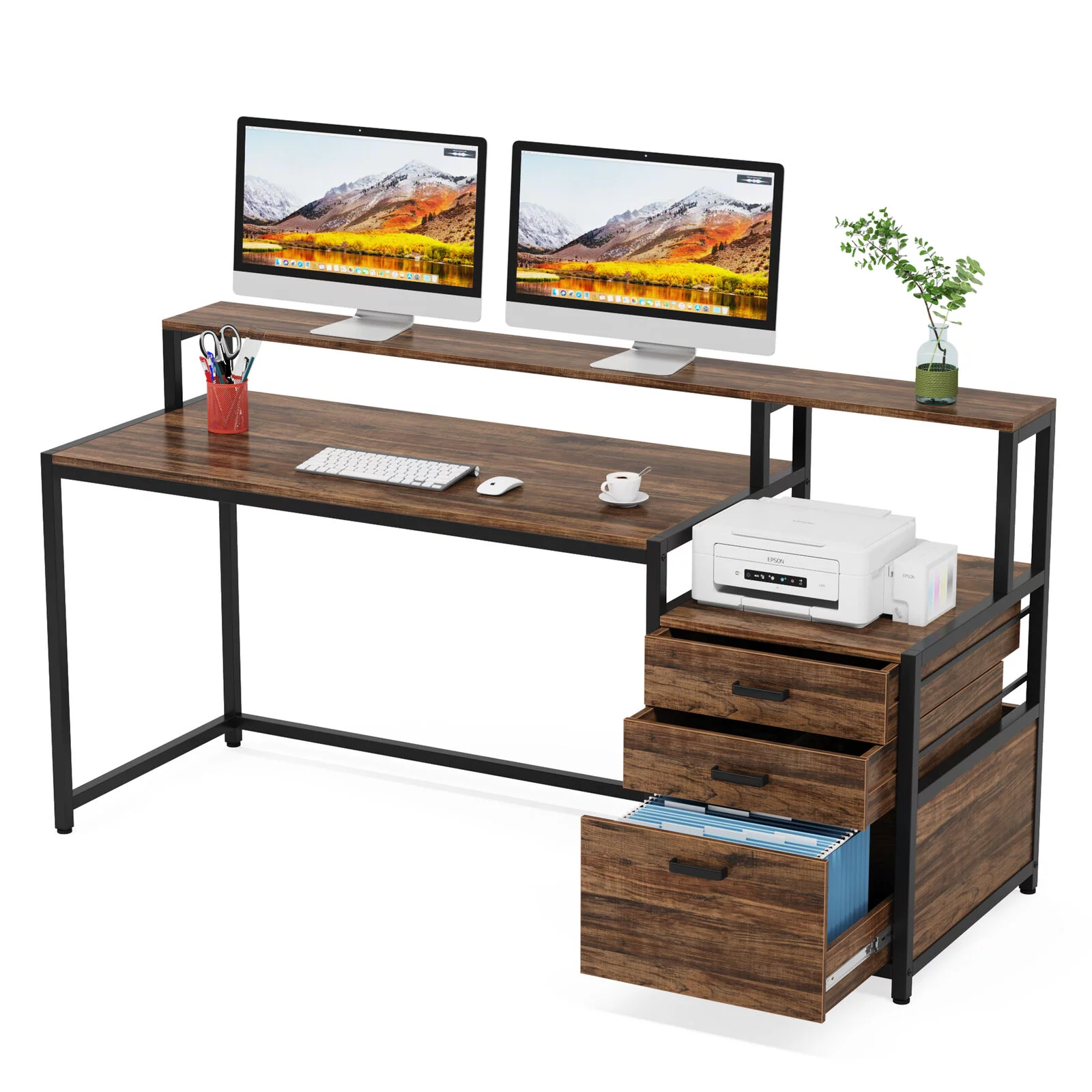 Tribesigns 63" Ergonomic Computer Desk with Monitor Stand and Drawers, Working Desk with Storage for Home Office, Rustic Brown