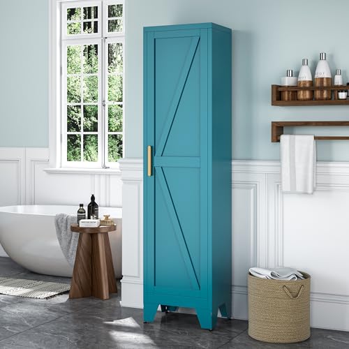Tall Bathroom Cabinet,Narrow Metal Storage Cabinet with 5 Adjustable Shelves and Single Barn Door,Slim Pantry Storage Organizer for Bathroom,Kitchen