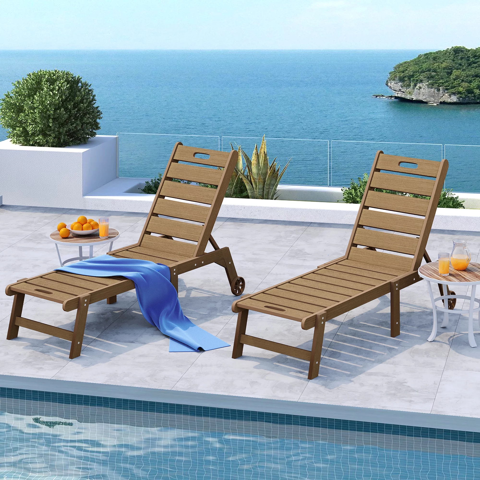 Dextrus Patio Chaise Lounge Chair With Wheel, Weather Resistant Poly Resin Fire Pit Chairs for Patio Pool Deck Lawn and Garden, Brown