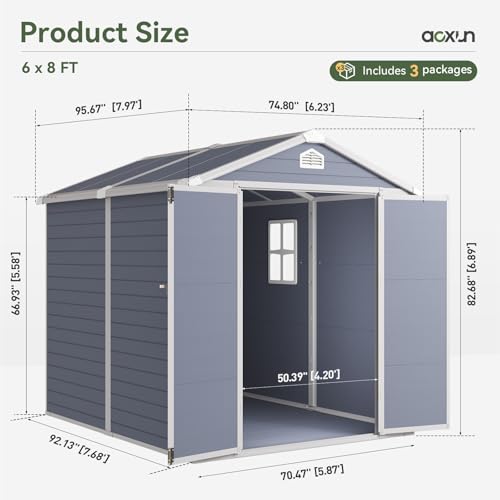 Aoxun 6 x 8 FT Outdoor Storage Shed with Window, Resin Shed with Floor & Lockable Doors