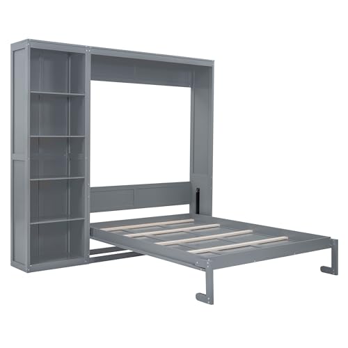 MERITLINE Queen Murphy Bed with Storage Bookcase Shelves,Wood Folding Grey Murphy Wall Bed Cabinet
