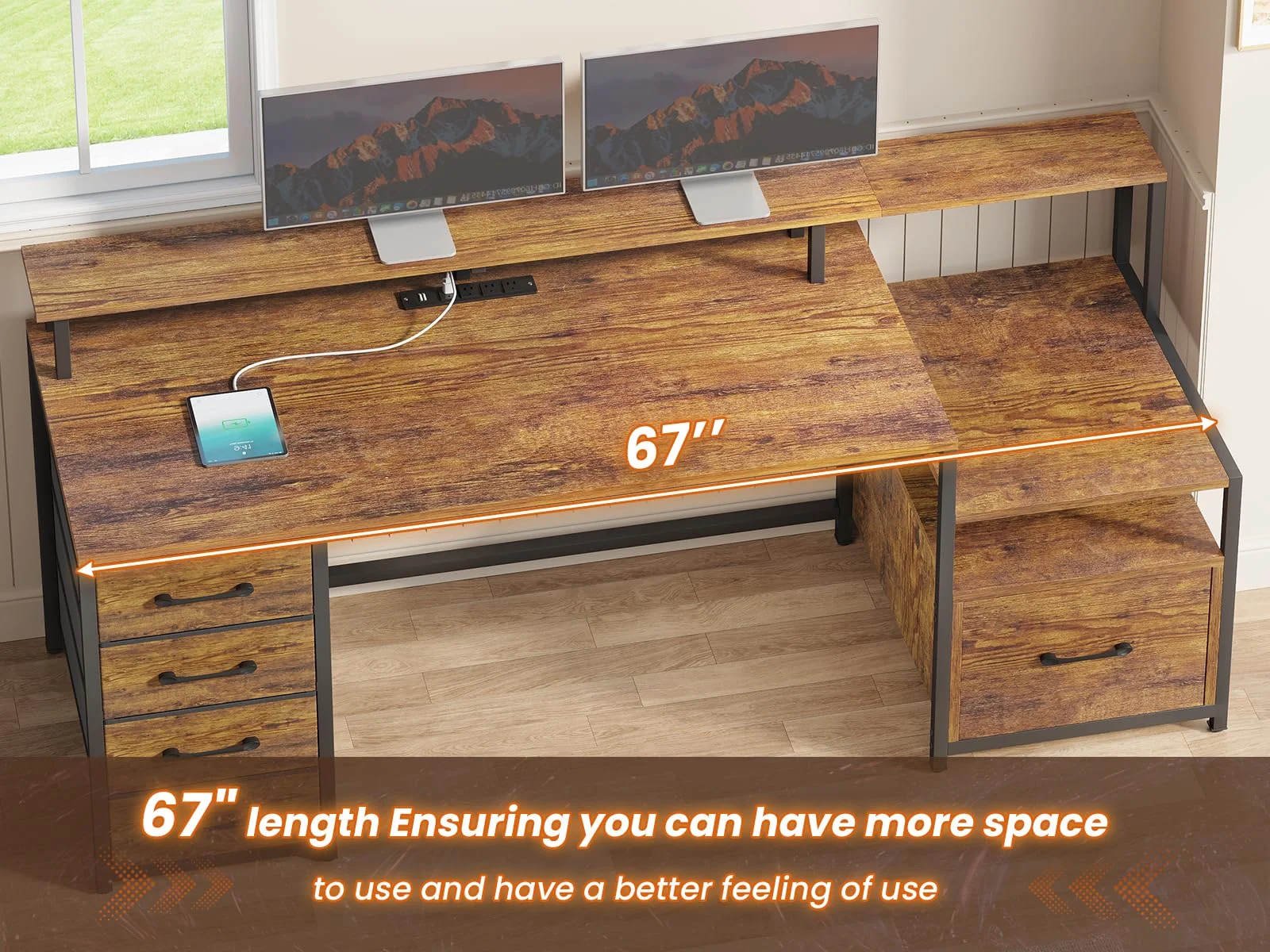 SEDETA Home Office Desk with File Drawer and Power Outlet, 66'' Computer Desk with 4 Drawer, Storage Shelves, Printer Cabinet and Monitor Shelf