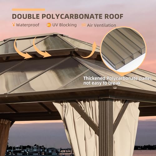 YOLENY 10'x13' Hardtop Gazebo, Outdoor Polycarbonate Double Roof Canopy, Aluminum Frame Permanent Pavilion with Curtains and Netting