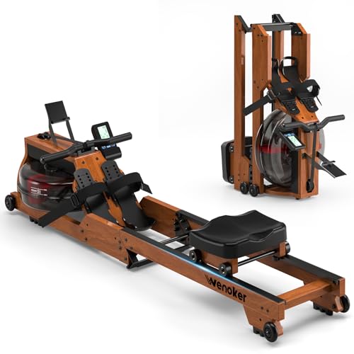 Water Rowing Machine for Home Use, WENOKER Wooden Foldable Rower Machine with Adjustable Monitor & Bluetooth APP