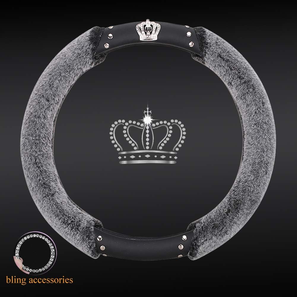 ALVAZA New Crystal Car Steering Wheel Cover Bling Bling Rhinestones Leather Crown Decro Not Slip Breathable Steering Covers Size 15 Inch + Bling Ring