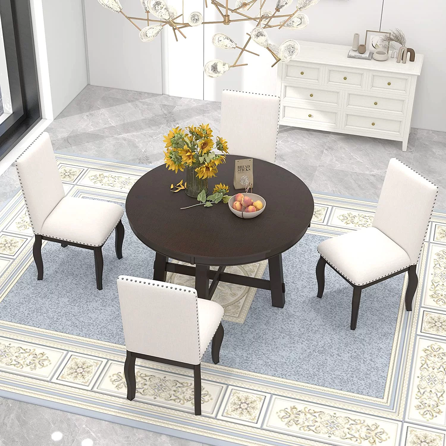 5-Piece Farmhouse Extendable Round Dining Table and Upholstered Chair Set, Round Dining Table with Shelf, Wood Dining Table Set for Family Dining Area