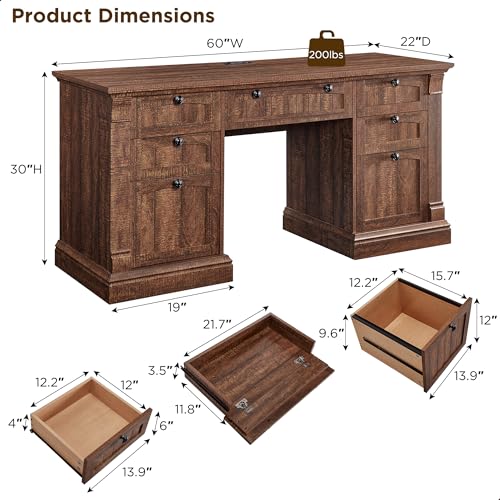 OKD 60" Executive Desk with Drawers, Farmhouse Home Office Desk with Charging Station, Keyboard Tray, File Cabinet Storage