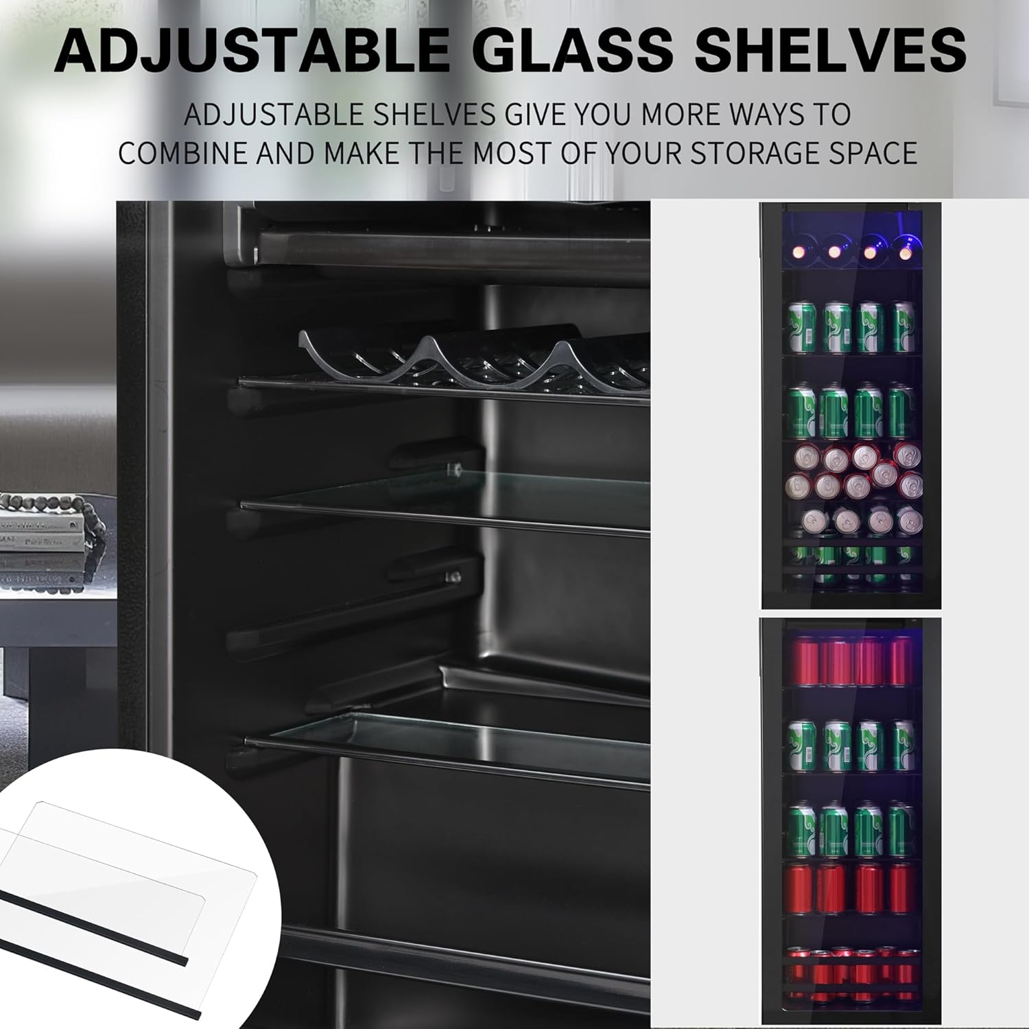 4.5Cu.ft mini fridge, 0.3Cu.ft freezer, up to 94 cans of soda, beer or wine. Silent, high-efficiency and energy-saving compressor, LED lighting