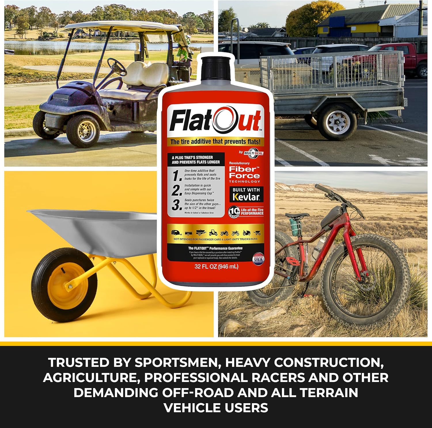 FlatOut Multi-Purpose Tire Sealant - Prevents and Repairs Flat Tires, Seals Leaks, Contains Kevlar, 32-Ounce Bottle, 8-Pack