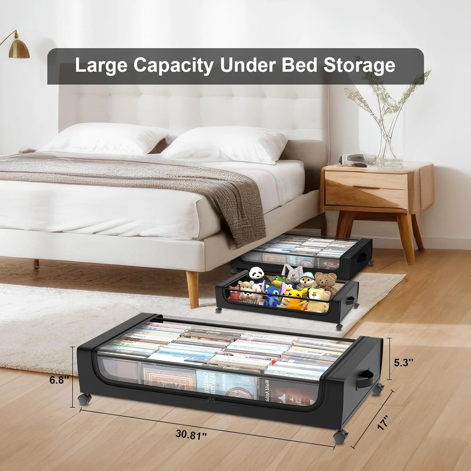 Under Bed Storage with Wheels 2 Pack, Under Bed Storage Containers, Large Under Bed Rolling Storage with Lid, Bedroom Storage Organizer for Clothes