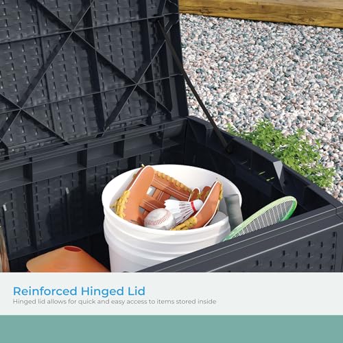 Suncast Outdoor Storage Box - 73 Gallon Mocha Brown Deck Box for Patio, Waterproof Outdoor Storage Bench, Resin Wicker Style, Heavy-Duty