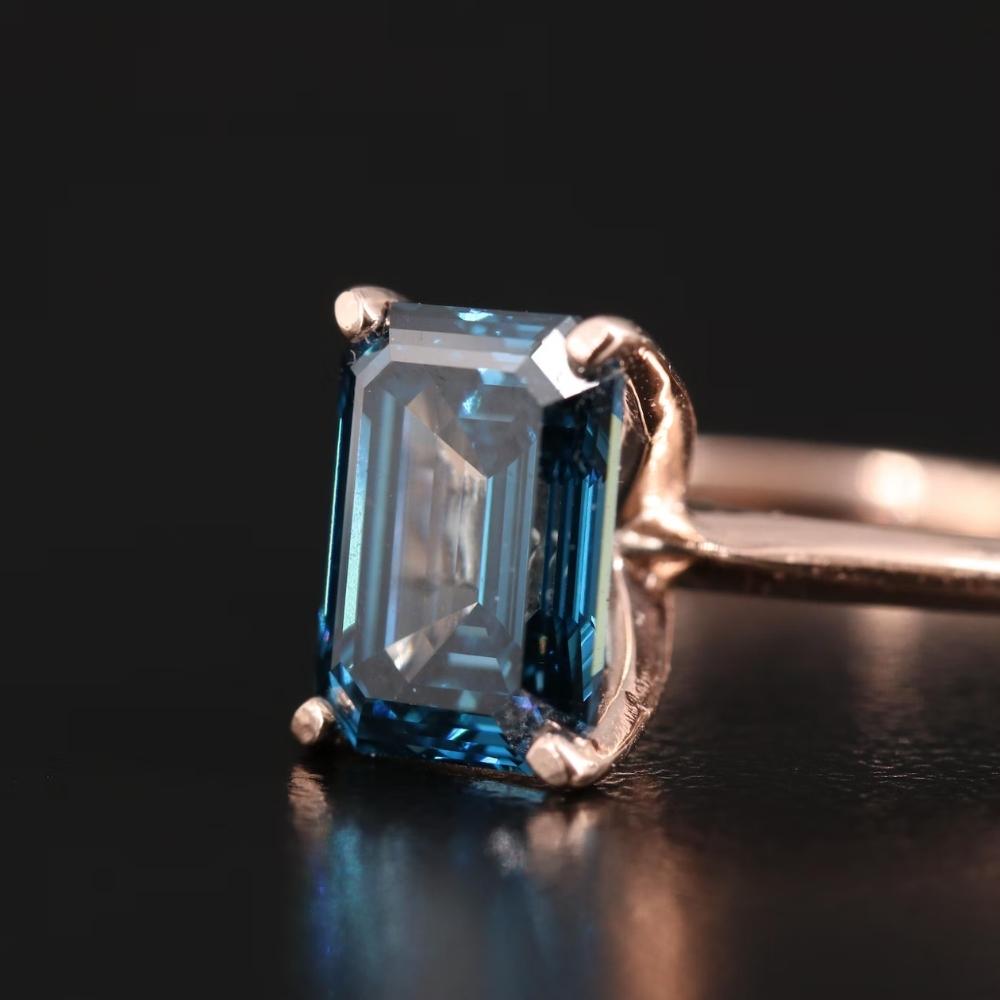 Pompeii3 3Ct Blue Diamond Emerald Cut Solitaire Engagement 14k Ring Rose Gold Lab Grown