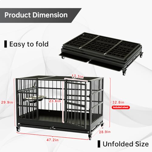54 Inch Heavy Duty Dog Crate with Wheels，Indestructible Escape-Proof Dog Cage for Large Dogs