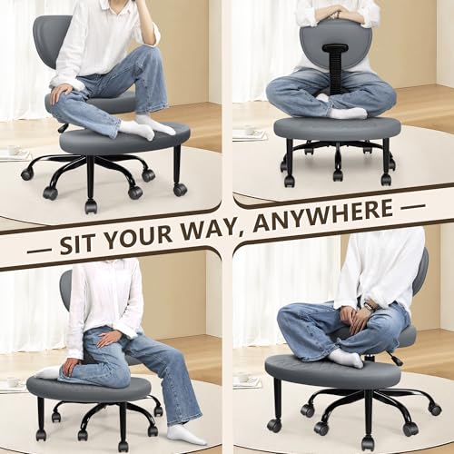 Ergonomic Cross Legged Office Chair with Wheels - Adjustable Height for Meditation, ADHD Desk & Yoga - Wide Criss Cross Design with Lumbar Support