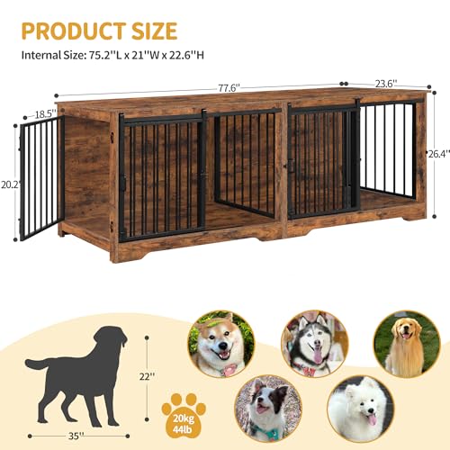 78 Inch Dog Cage Furniture for 2 Dogs, Extra Large Breed Double Dog Crate Furniture, XXL Thick Wooden TV Stand, Dog Kennel Furniture with Divider