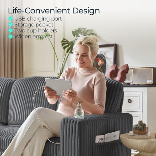 LINSY HOME Sectional Sleeper Sofa with Pull Out Couch Bed Convertible Plush Corduroy Cloud Couch with Storage Chaise & USB Charging
