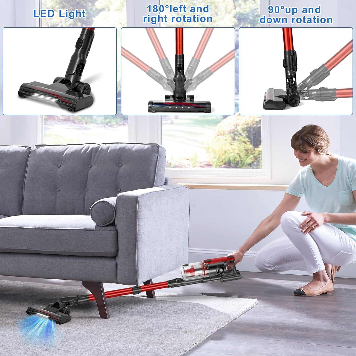 Cordless Vacuum Cleaner Lightweight 24Kpa 2-Speed Vacuum Cleaners for Home, Stick Vacuum Cleaner with LED Light, XL Dust Cup, Wall Mount