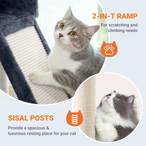 Allewie 81 Inches Tall Cat Tree/Multi-Level Large Climbing Tree House and Towers for Big Feline/Condo and Hammock/Scratching Post/Wide Base/Dark Grey