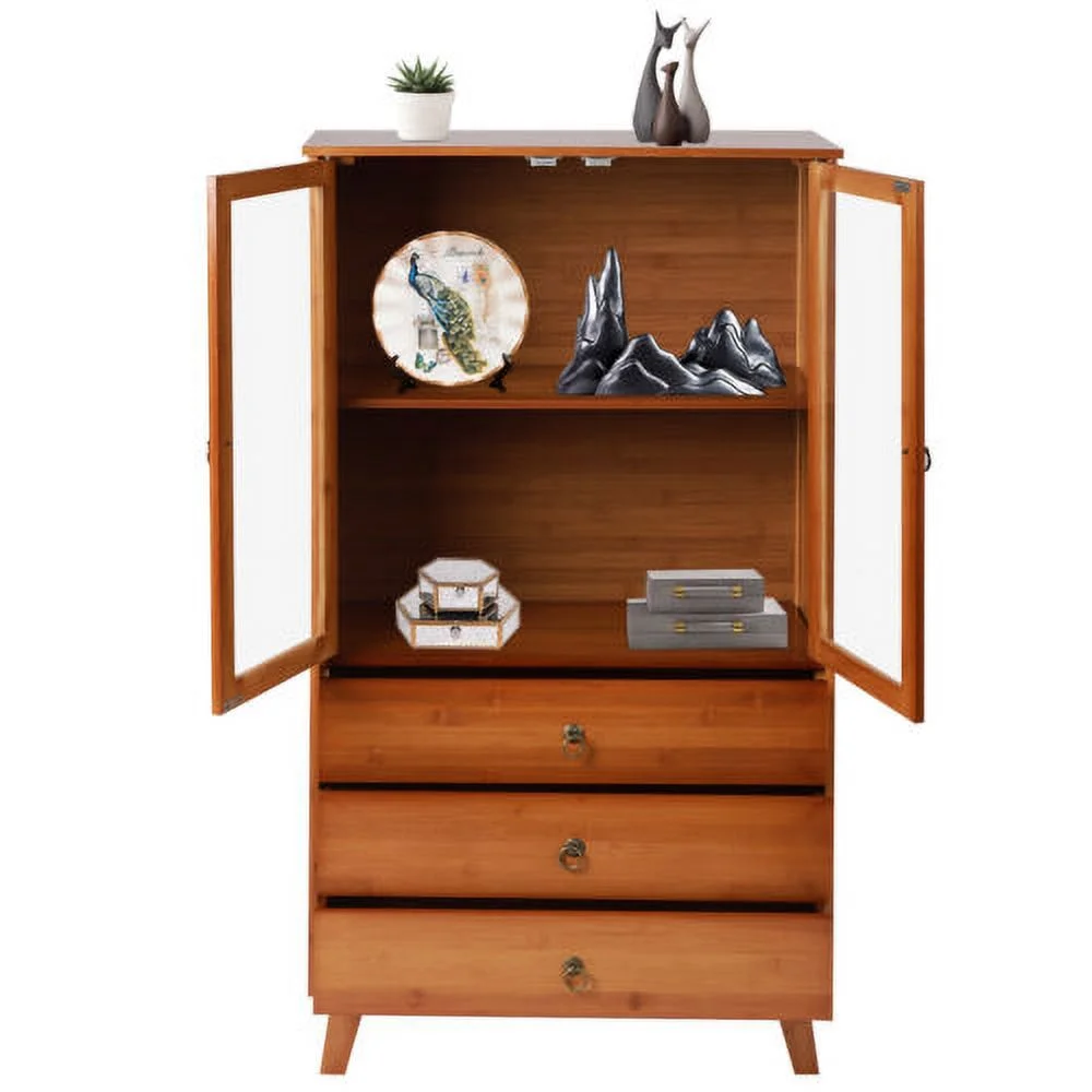 Wooden Storage Pantry Cupboard with 3 Drawers, Cabinets & 2 Acrylic Doors Brown