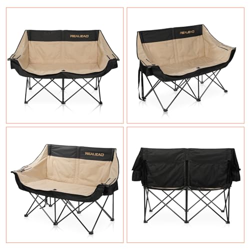 REALEAD Heated Double Camping Chair, 3 Heat Levels and 4 Heating Zones, Portable Heated Loveseat Chair for Outdoor Sports Support 650lbs