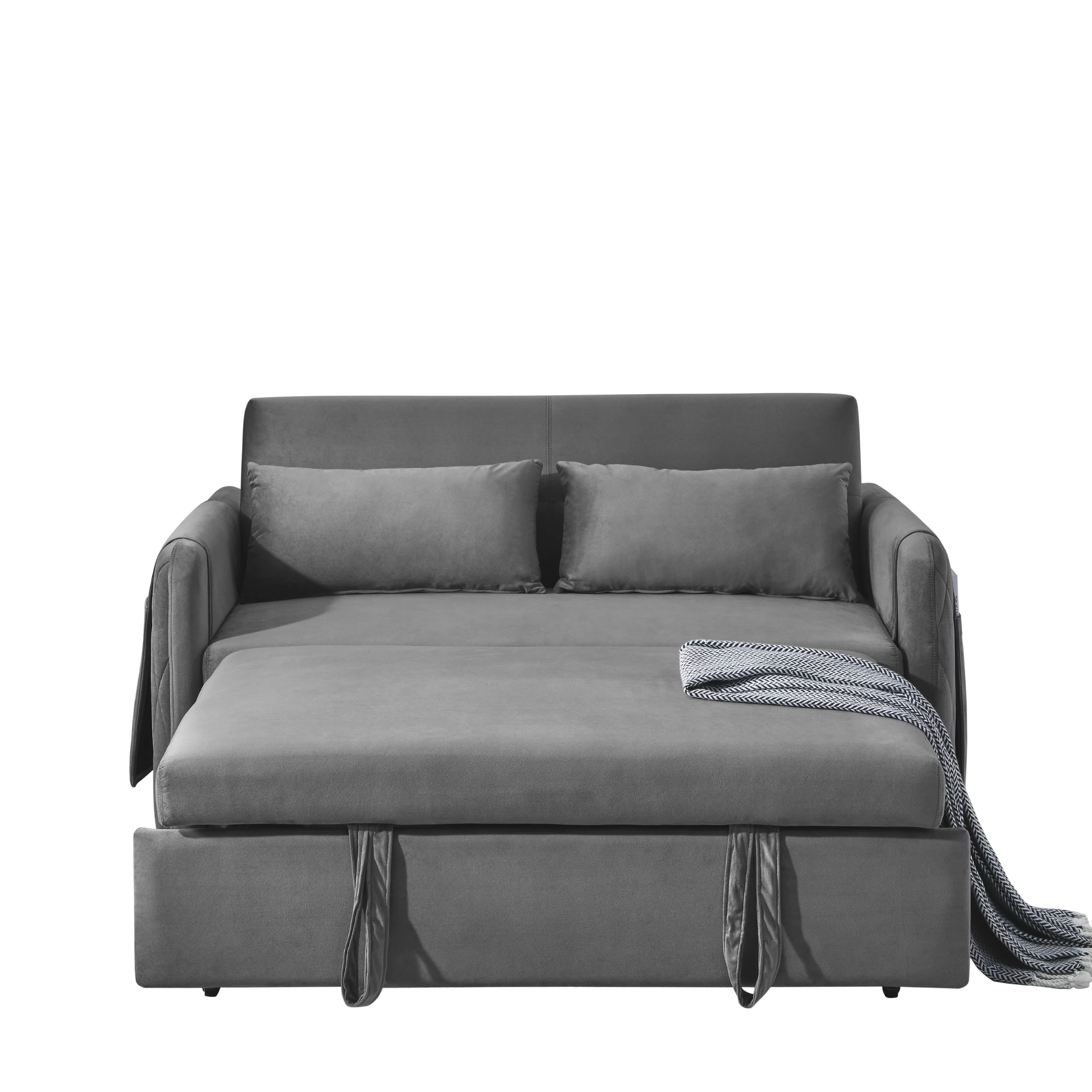 Modern Velvet Convertible Pull Out Sleeper Sofa Bed, Folding Loveseat Couch with Side Storage Pockets Pillows for Living Room Bedroom Apartment