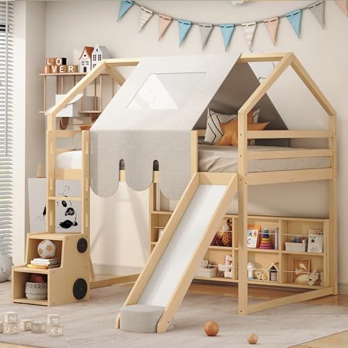 Harper & Bright Designs Kids Twin Low Loft Bed with Slide and Storage Shelves, Wood Playhouse Loft Bed Frame with a Tent & Stairs