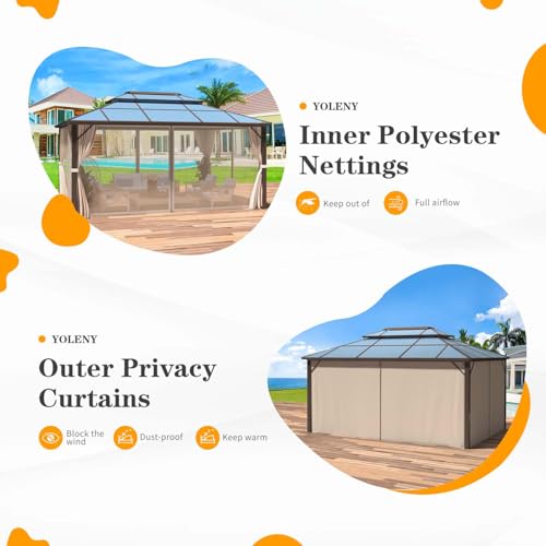 YOLENY 10'x13' Hardtop Gazebo, Outdoor Polycarbonate Double Roof Canopy, Aluminum Frame Permanent Pavilion with Curtains and Netting
