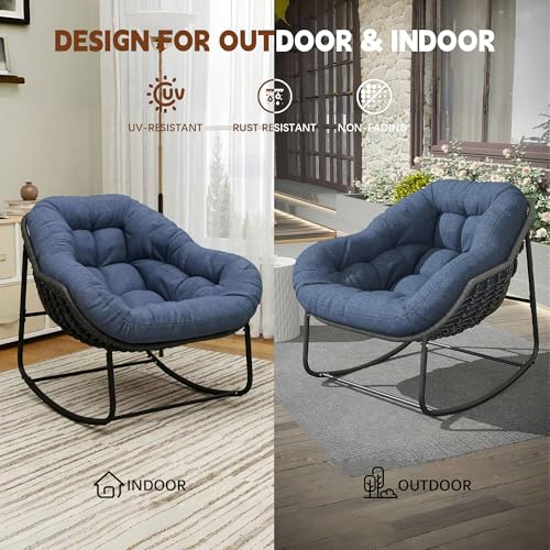 Outdoor Indoor Rocking Chair, Patio Wicker Egg Chair, Indoor & Outdoor Comfy Oversized Papasan Chair with Padded Cushion