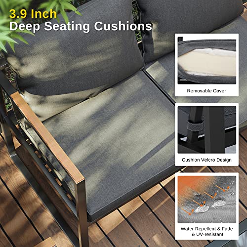 EAST OAK Courtyard Patio Furniture Set, 4-Piece Outdoor Patio Set with Sofa, Removable & Washable Deep Seating Cushion, Tempered Glass Table