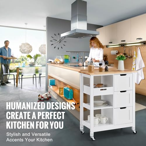 VEVOR Kitchen Island Cart, 26 inch Wood Top Mobile Breakfast Bar, Rolling Kitchen Table with 3 Drawers and Shelves, Portable Islands on Wheels