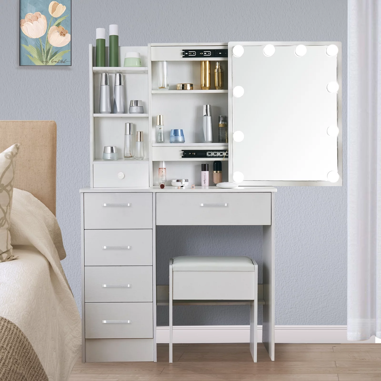 Yamissi Makeup Vanity Dressing Table Set W/ Stool Dresser Desk Mirror W/10 LED Lights for Girls Bedroom, White