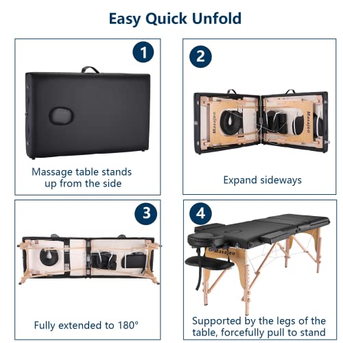 Portable Massage Table Massage Bed Professional SPA Reiki Eyelash Salon Bed, Wooden Frame Height Adjustment & Accessories, Black (3-Section)