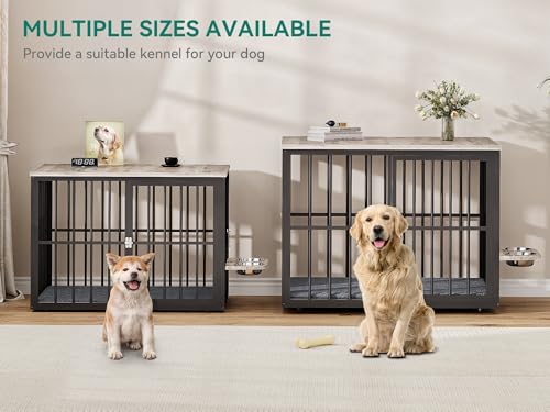 YITAHOME 88.6" Large Corner Dog Crate Furniture for 2 Dogs, Large Wooden Dog Kennel with Dog Bowls & 3 Doors