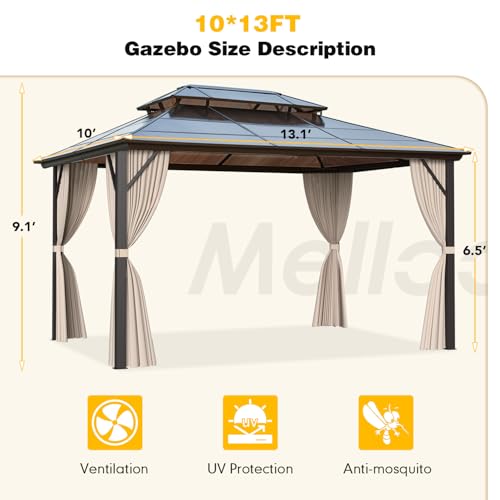 MELLCOM 10'x13' Hardtop Gazebo with Polycarbonate Double Roof, Aluminum Frame Outdoor Gazebo Permanent Pavilion with Curtains and Netting for Patio