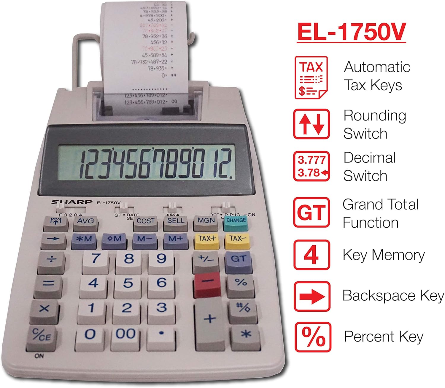 Sharp EL-1750V Two-Color Printing Calculator 2 Lines/Sec 3 Black/Red