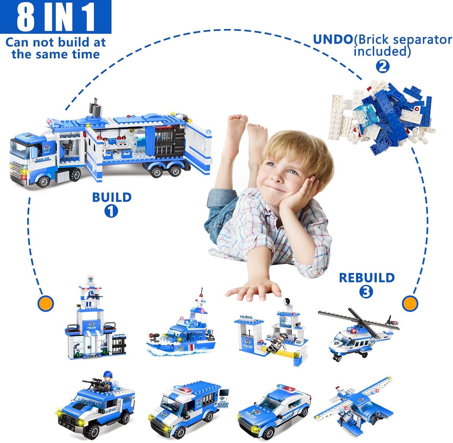 1122 Pieces City Police Station Building Kit & SWAT Mobile Command Center Truck Building Toy with Helicopter, Police Car
