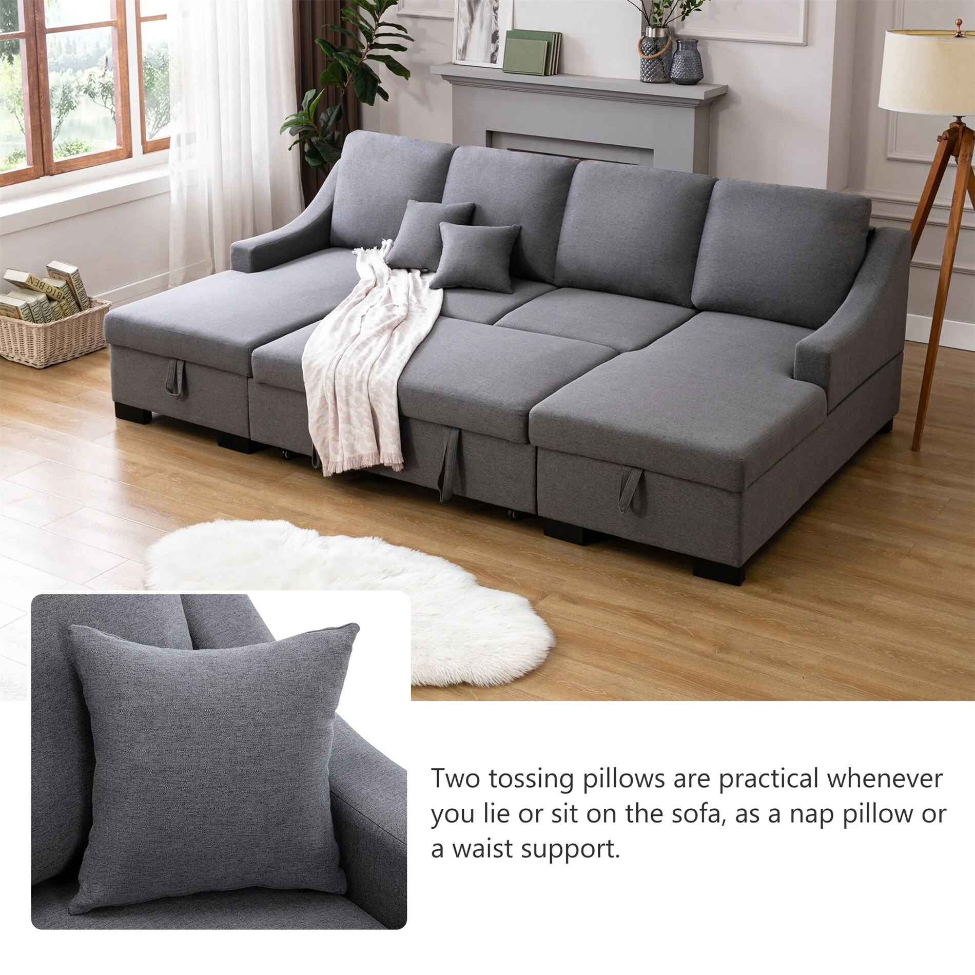 BESTCOSTY Upholstery Sleeper Sofa with Double Storage Spaces, 2 Tossing Cushions