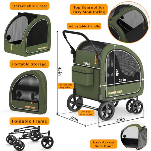 PAWZIDEA Dog Stroller for Large Dogs, Pet Stroller with Detachable Carrier for Portable Dog Crate for Car Seat, Foldable Dogs Jogger Strollers